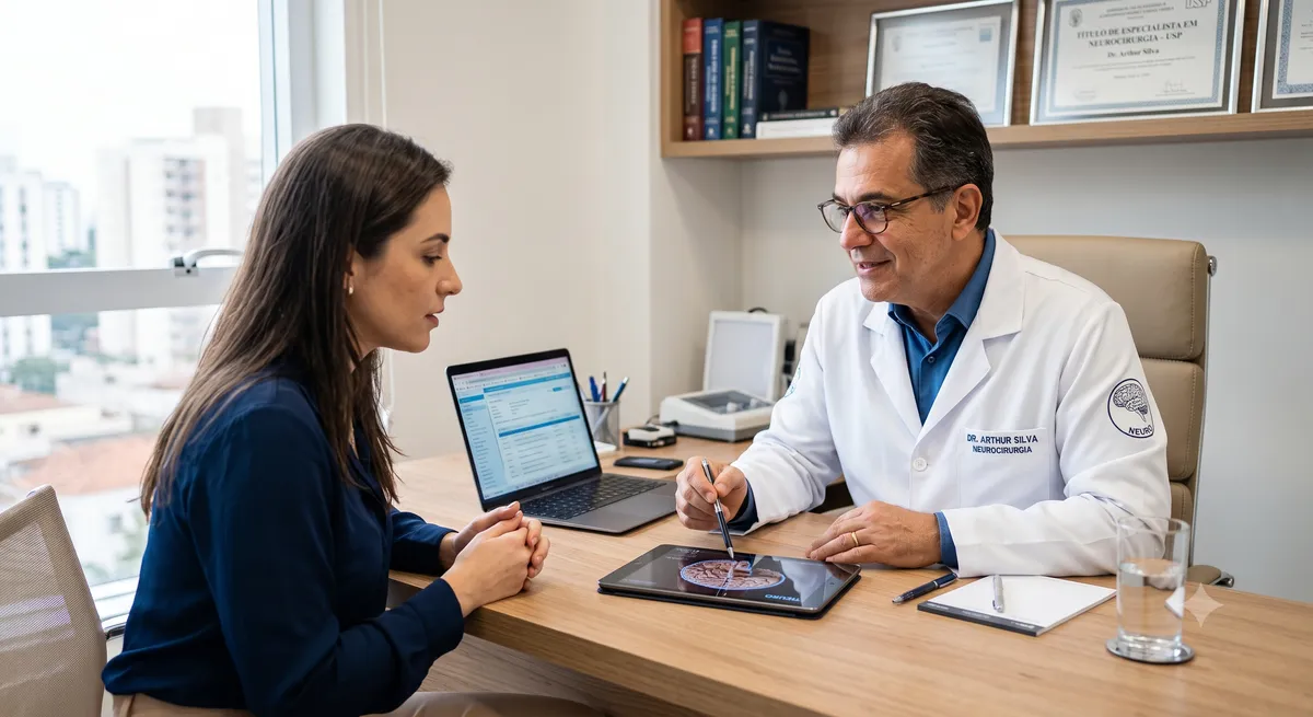 Médico especialista em consulta com uma paciente no consultório
