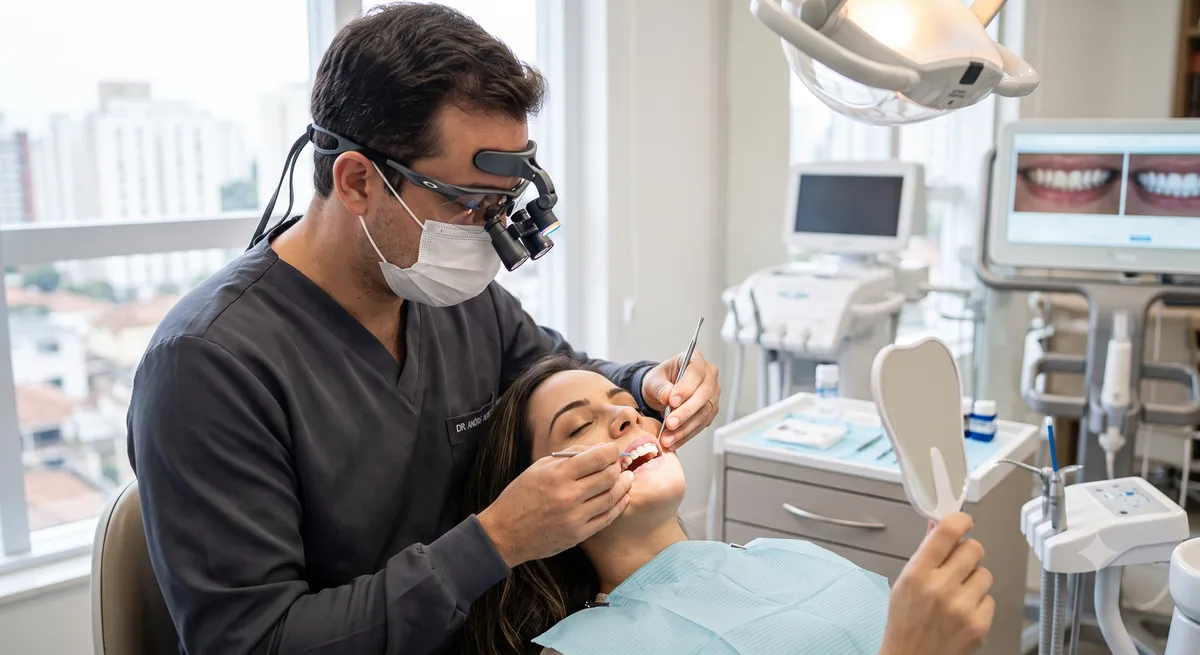 Dentista realizando um procedimento estético em uma paciente