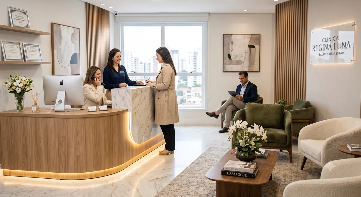Recepção ampla e sofisticada de uma clínica premium