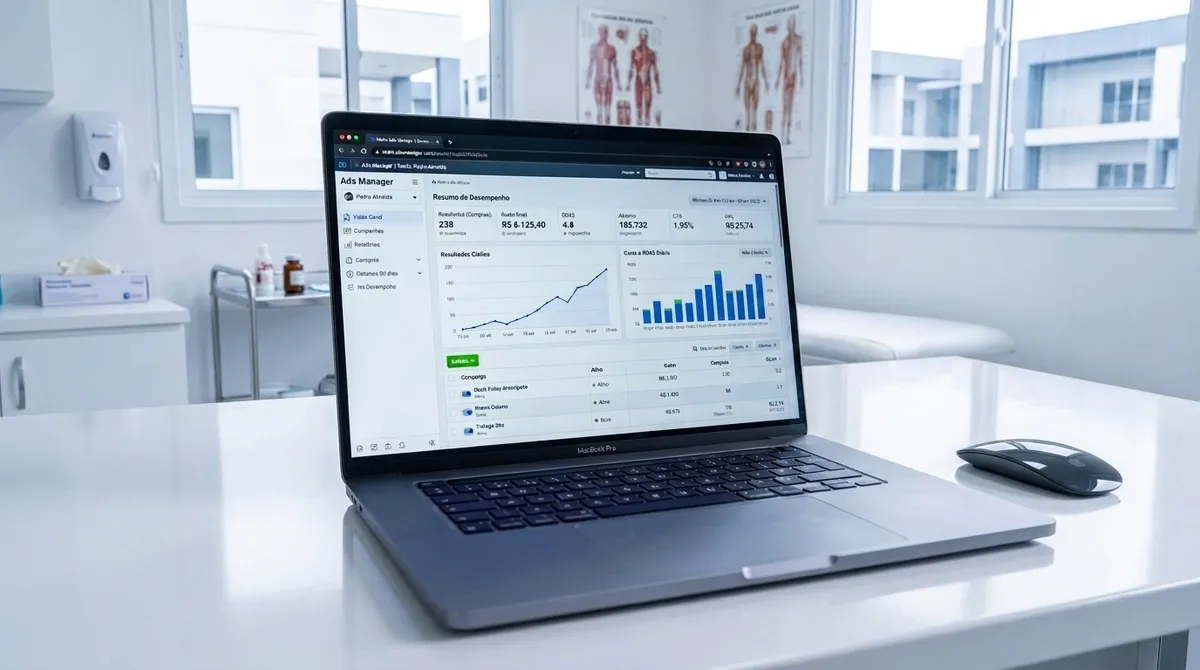 Painel de métricas de anúncios exibido na tela de um laptop